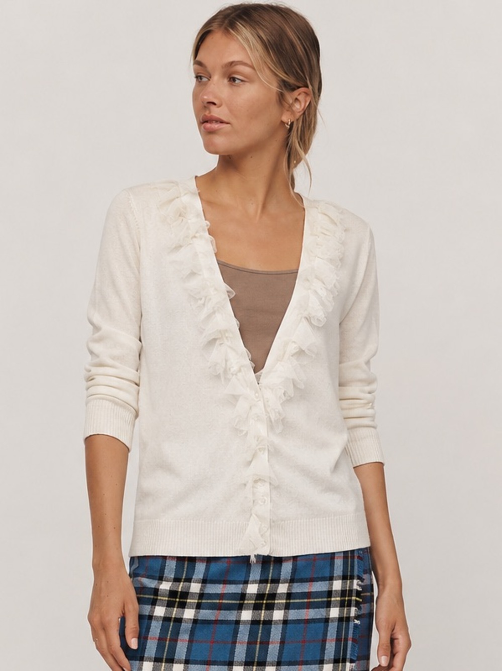 Pink Tartan Cream V-Neck Cardigan Ruffle Trim Knit Sweater Small